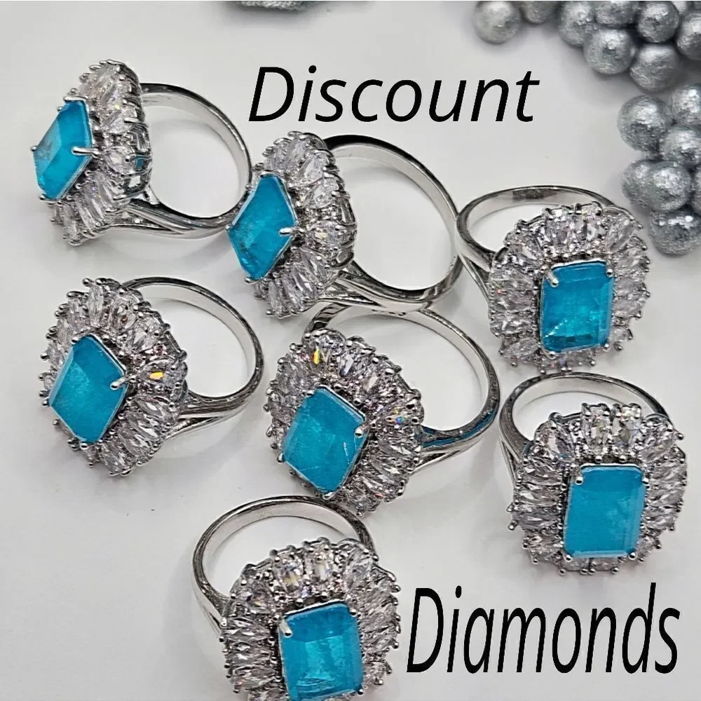 Neon Blue Paraiba & Clear Zircon Cocktail Ring 18K White Gold on 925 Silver